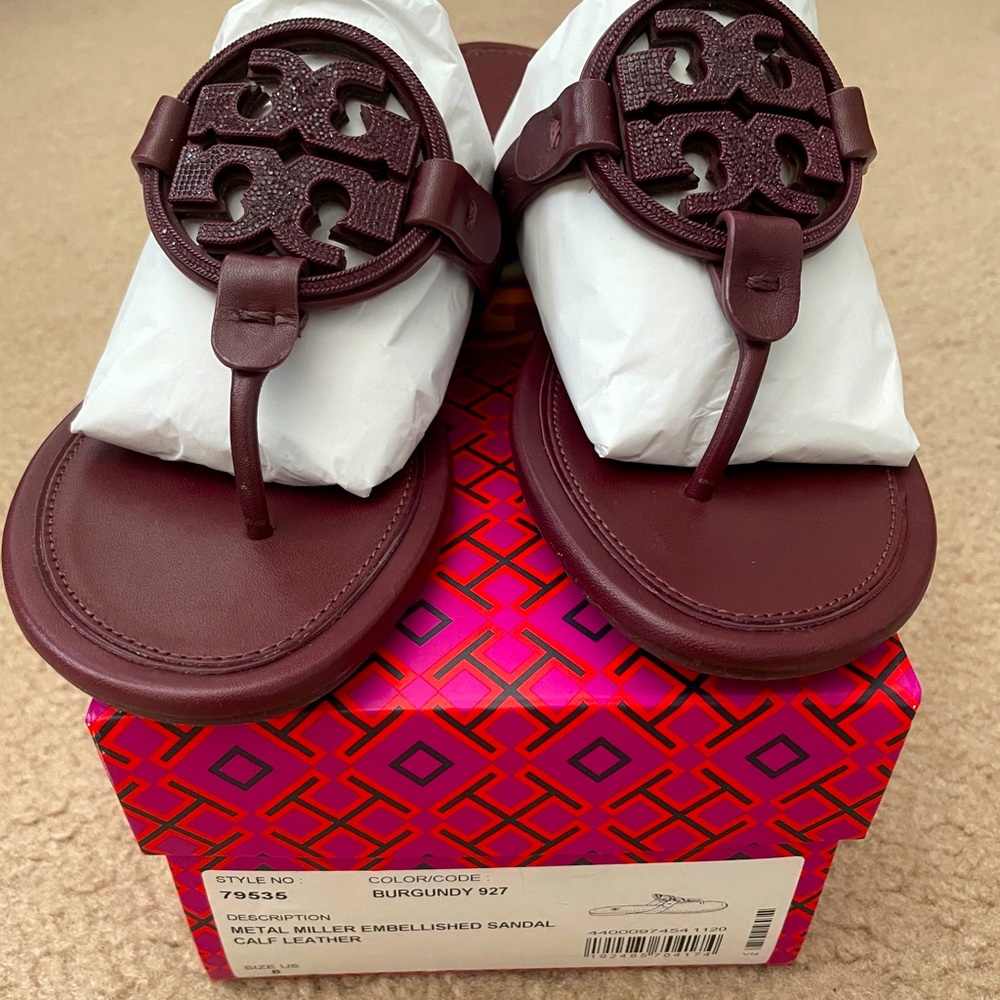 Brand New! Tory Burch Metal Miller Embellished Leather Sandal Burgundy Sz 8